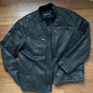Vintage GUESS Black Faux Leather Men’s Winter Biker Jacket, Large